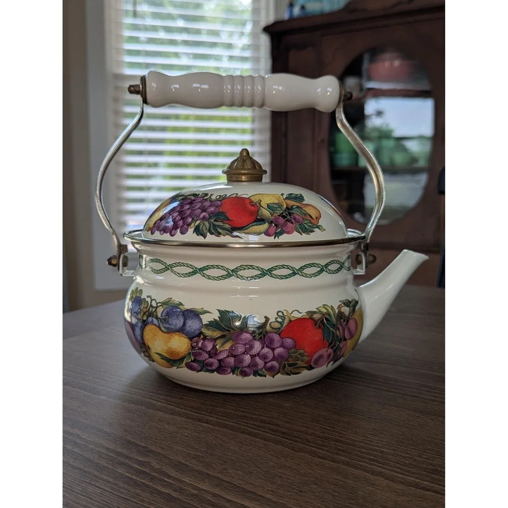Vintage Lincoln Ware Style Enamel Tea Kettle Fruit Pattern Farmhouse Decor